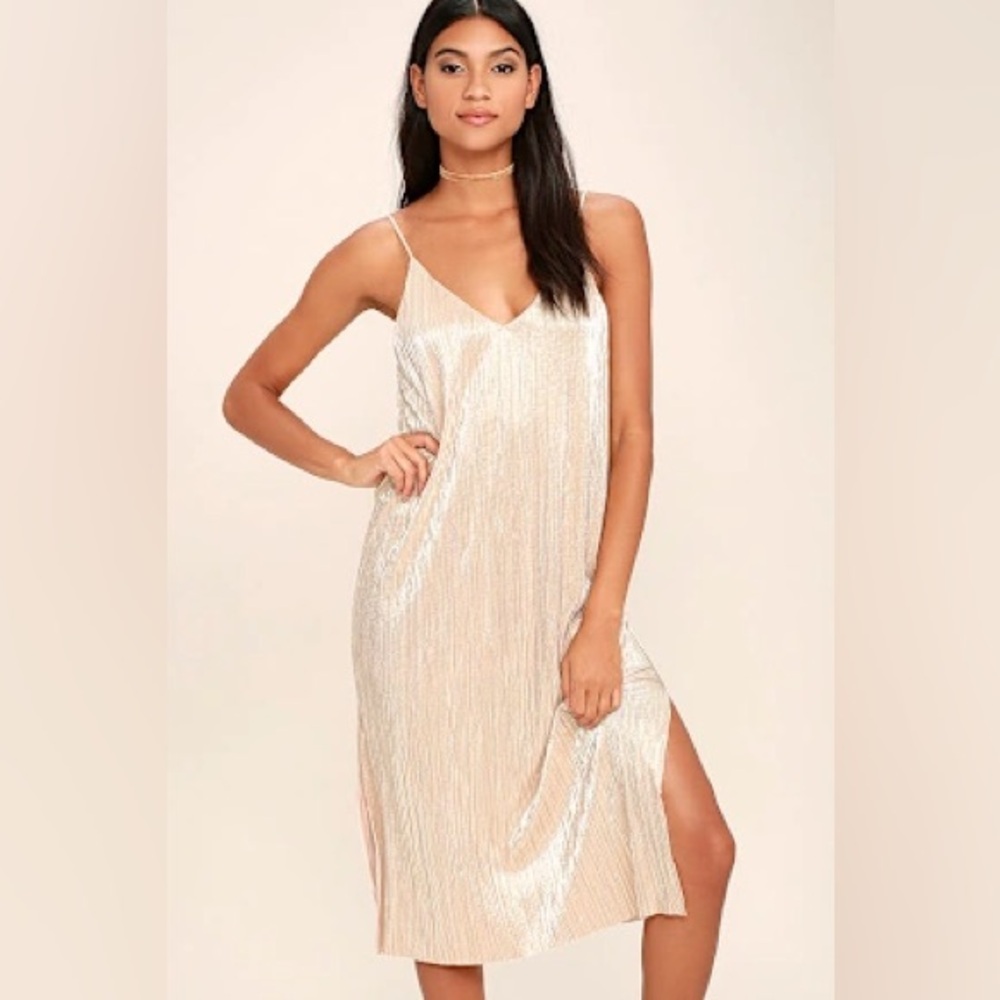 Lush Gold V-neck spaghetti strap midi Dress